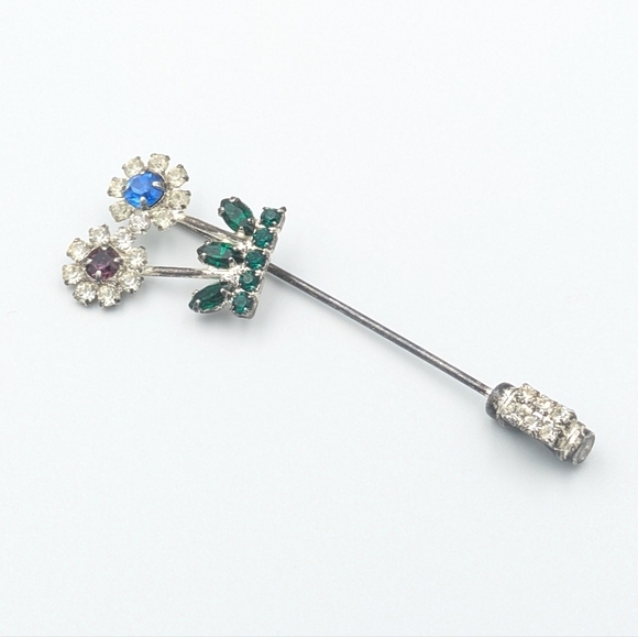 Vintage mid-century very sparkly rhinestone flower stick pin / hat pin/lapel pin - Picture 2 of 6